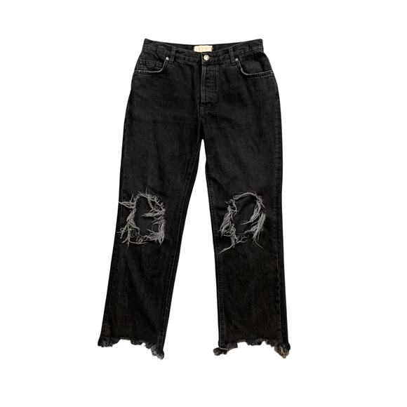 We The Free People Jeans Womens 26 Black Maggie Straight Distressed Button Fly - Picture 1 of 10